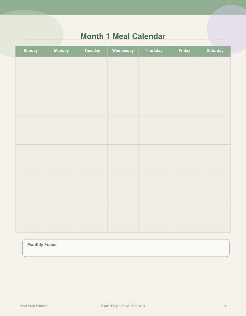 Monthly Meal Calendar
